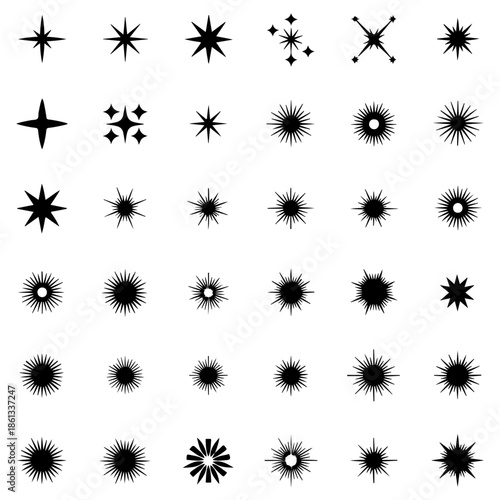 Collection of various starburst and sparkle graphic elements, perfect for design accents, digital art, and celebratory themes, providing versatile visual flair
