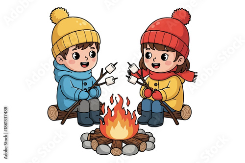 Whimsical illustration of happy children bundled in winter hats and jackets, gathered around a cozy campfire, joyfully roasting marshmallows during a charming outdoor activity