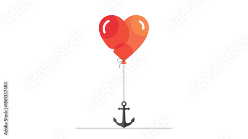 Heart shaped balloons tied to anchor symbolizing love and stability, Generative AI.