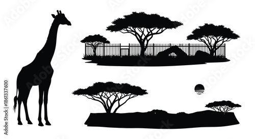 A graceful giraffe stands silhouetted against a simple african savanna scene