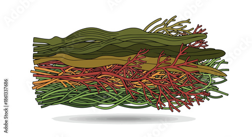 Diverse collection of vibrant marine algae, a stylized botanical illustration showcasing aquatic flora