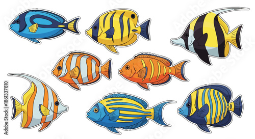 Vibrant collection of stylized tropical fish, showcasing diverse patterns and bright colors. Perfect for aquatic themes, educational resources,