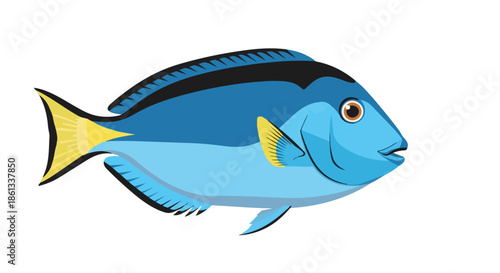 Vibrant tropical blue cartoon fish with yellow fins and tail, showcasing aquatic life in a clean, stylized vector illustration ideal for diverse