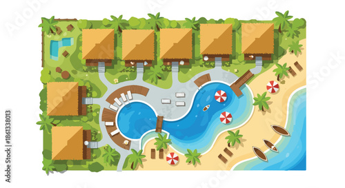 This vibrant overhead illustration captures a luxurious tropical resort complex showcasing thatched bungalows pristine pools and a serene sandy