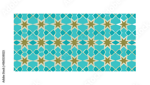 Seamless vector pattern of Islamic geometric stars and octagons, turquoise and gold color palette, repeatable background.
