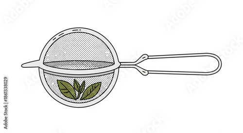 An inviting illustration of a sleek metal mesh tea infuser holding fresh green leaves, ready to steep a delightful, aromatic beverage for serene