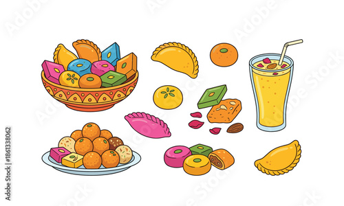 Holi festival sweets and drink set bundle vector illustration