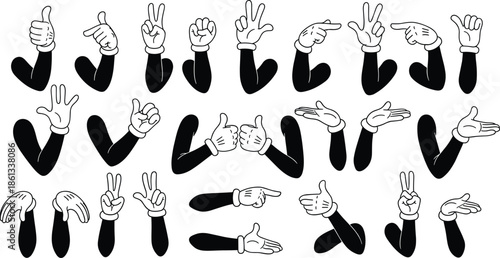 A versatile collection of retro-style cartoon hands wearing white gloves, showcasing various gestures like thumbs up, victory signs, and pointing, perfect for vintage animation.
