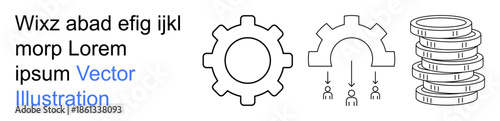 Business process, teamwork strategies, financial planning, operational efficiency, leadership dynamics, organizational development. Gear, human figures stack of coins. Business process and teamwork