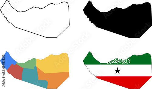 Somaliland map vector set featuring outline borders, solid silhouette, regional divisions and flag map. Ideal for geography, education, infographics, political and cultural design projects.