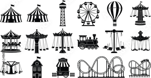 A collection of detailed black silhouette icons showing classic amusement park rides, circus tents, and carnival attractions.