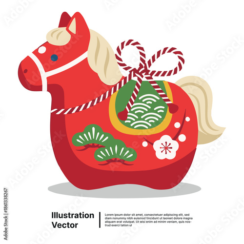 Traditional Japanese Daruma Horse illustration with auspicious symbols like pine branches and plum blossoms, a vibrant red collectible for good luck
