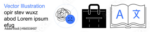 Mental health, workplace stress, professional tools, language learning, translation, education. ions of a sad face, briefcase and open book with language symbols. Workplace stress and education