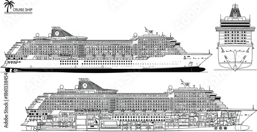 Detailed technical line drawing of a modern luxury cruise ship, showing exterior profile, bow view, and a cross-section blueprint with internal structure for engineering and maritime design.