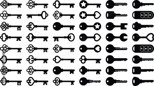 Key silhouette icon set featuring vintage skeleton keys modern house keys car keys and remote fobs, black vector symbols isolated on white background
