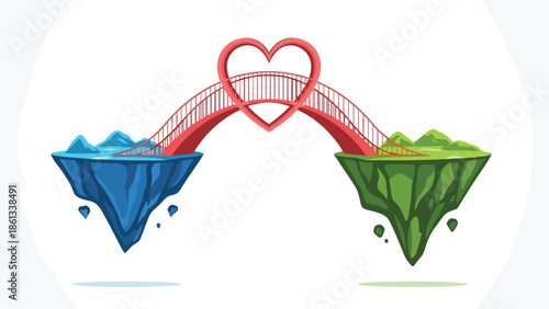 Heart shaped bridge connecting two landscapes symbolizing love and unity, Generative AI.