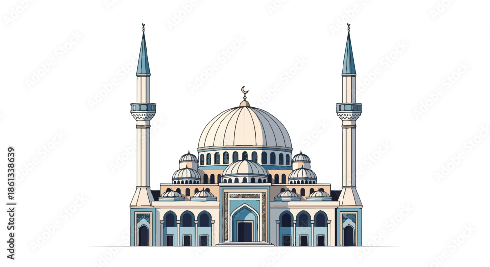 Fototapeta premium Stylized illustration of an Islamic mosque with prominent dome and twin minarets against a clean white background a symbol of devotion and