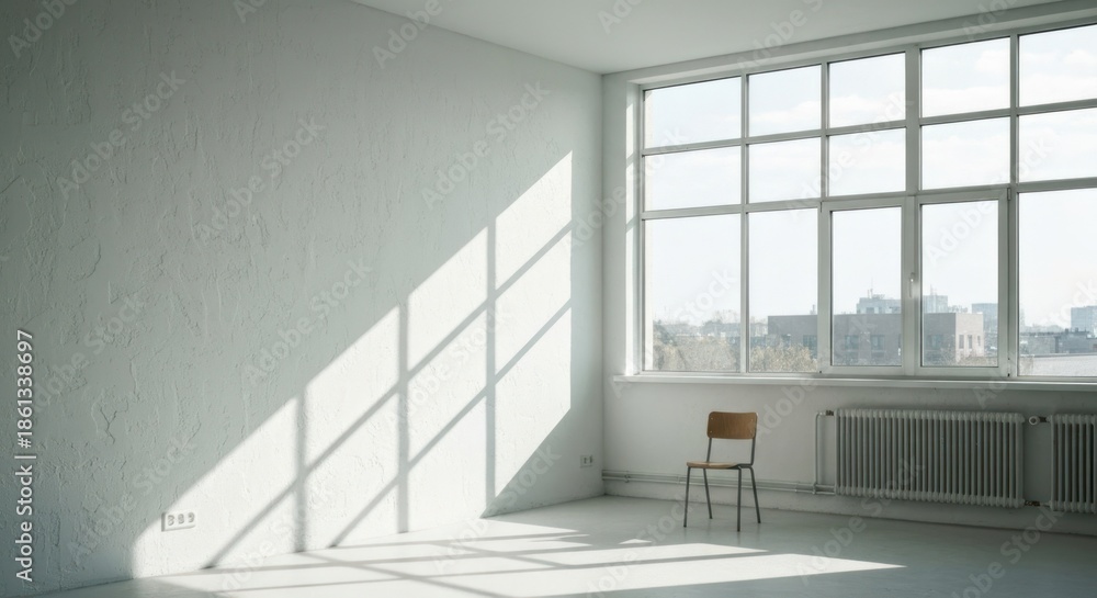Fototapeta premium Bright, empty room with large window. Sunlight casts shadows on the light-colored walls. A simple chair sits near the window