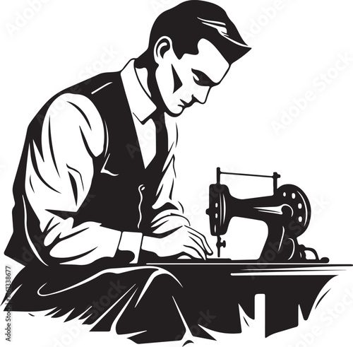 A professional seamstress uses a needle and thread with a vintage sewing machine to craft fashion clothing from textile fabric in a traditional tailor shop