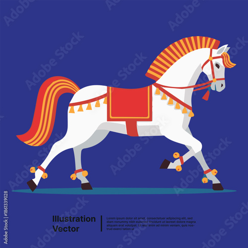 A stylized illustration of a white horse with a red saddle and golden embellishments, depicted in profile on a solid blue background