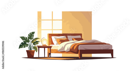 Warm and inviting bedroom interior illustration showcasing a minimalist design with natural light and comfort