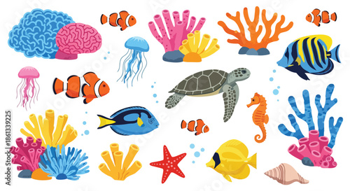 Vibrant illustration of diverse marine life, showcasing tropical fish, jellyfish, a sea turtle, seahorse, and colorful coral reefs in a dynamic