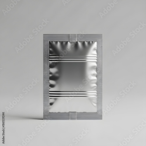 A metallic foil packet with a square shape and decorative border