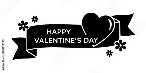 Black Valentine's Day banner with heart and flowers on white background, flat design, with a simple and elegant mood.