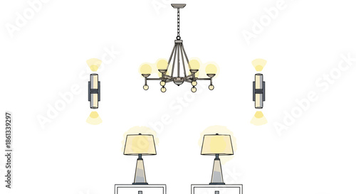 An elegant collection of diverse interior lighting, showcasing a grand chandelier, wall sconces, and charming table lamps, enriching sophisticated
