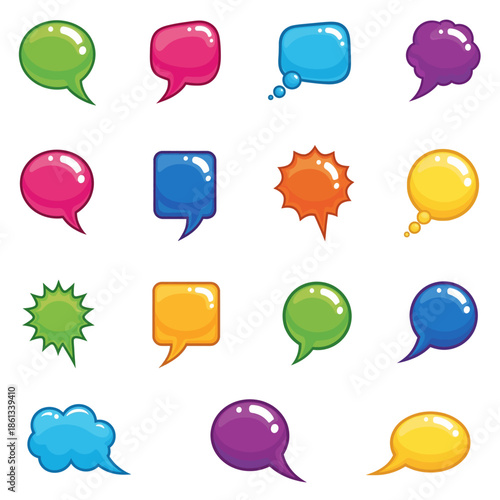 Brighten up your digital communication with these vibrant, colorful speech bubbles on a sleek black background, perfect for adding a pop of color and fun to your designs