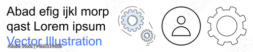Technology, process optimization, user integration, workflow management, automation, data solutions. Minimalist design with gear icons and a user figure. Technology and process optimization theme