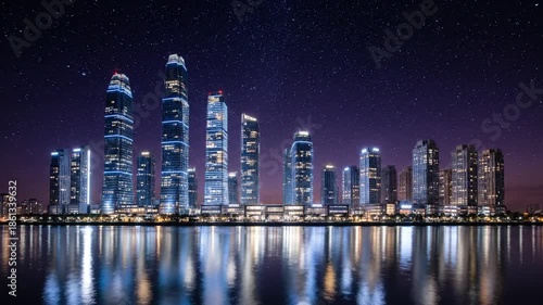 City skyline illuminated at dusk reflecting in water