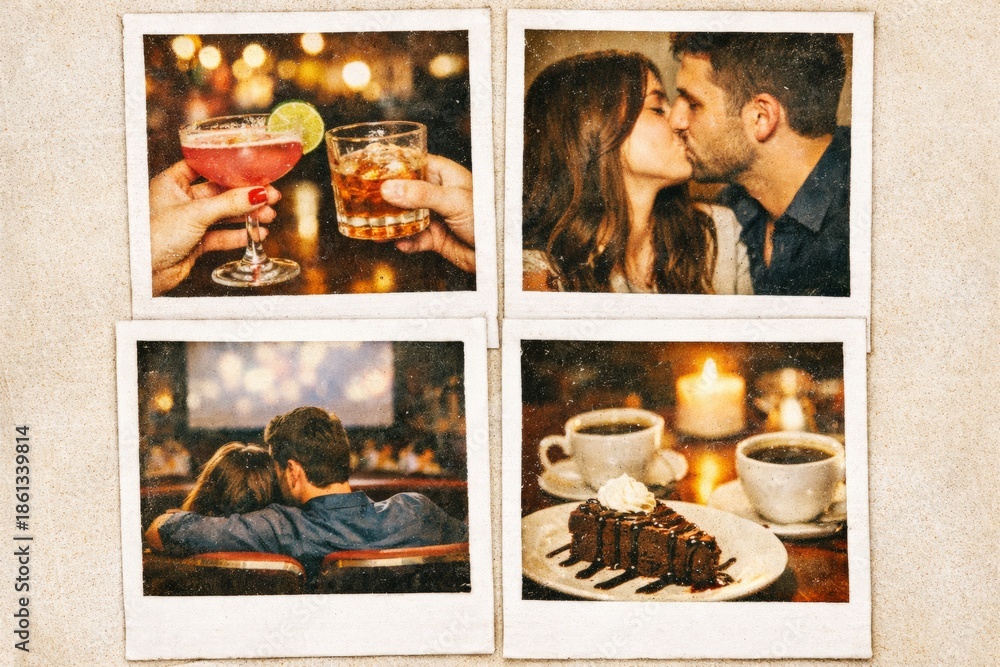 Fototapeta premium Couple's romantic date night collage showing drinks, kissing, movie, and dessert