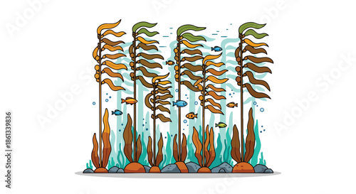 Vibrant underwater kelp forest ecosystem with diverse small fish swimming through towering marine plants