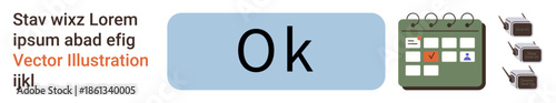 Task completion, scheduling, approval processes, communication management, organization tools, workflow tracking. Calendar with a checkmark, Ok text and communication devices. Task completion