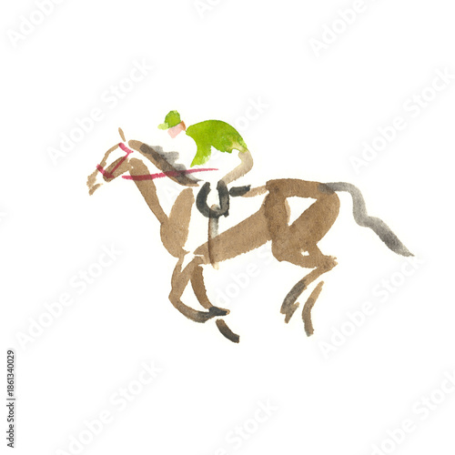 Bild auf Leinwand Horse racing sketch, abstract watercolour drawing of a  horse with a jockey