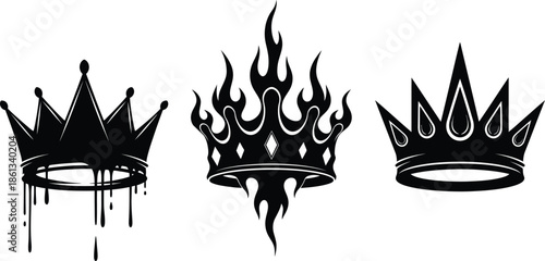Three black crown illustrations with unique designs and details