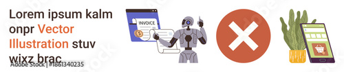 Artificial intelligence, fintech, error notifications, business automation, digital tools, sustainability. A robot, digital invoice error sign plant and payment tablet. AI and fintech