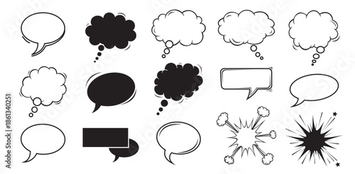 Hand drawn speech thought comic explosion bubbles vector art set Communication dialogue chat ideas graphic design assets