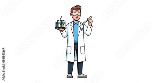 Clean cartoon illustration of a male scientist in a lab coat and safety glasses, carefully using a dropper with colorful test tubes, representing