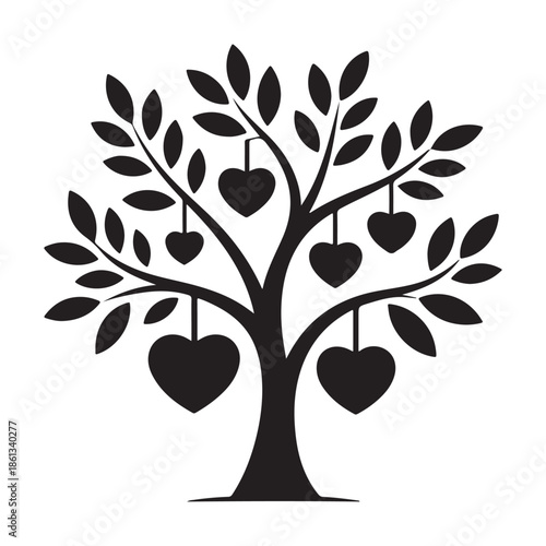 Tree Silhouette with Abundant Hanging Hearts - Family and Love Concept