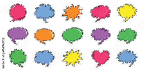 Vibrant vector speech and thought bubbles set Diverse colorful cartoon communication elements starbursts heart creative