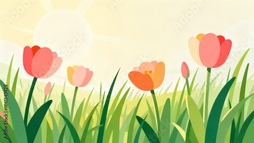 Cheerful Springtime Background Blooming Tulips Fresh Grass Bright Sun Seasonal Marketing Design