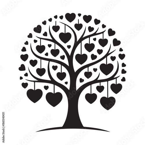 Tree Silhouette with Abundant Hanging Hearts - Family and Love Concept Vector