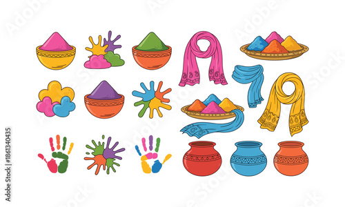 Powder and scarf colorful set bundle holi vector illustration design