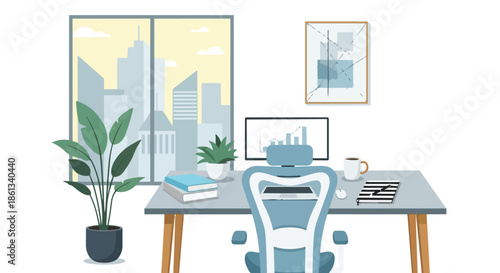 Modern professional work desk setup in a light-filled office with city views