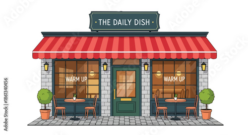 Charming street cafe exterior with inviting striped awning and outdoor dining setup