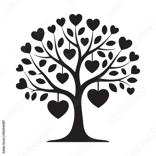 Black and White Love Tree Illustration with Heart-Shaped Leaves - Family and Romance Concept