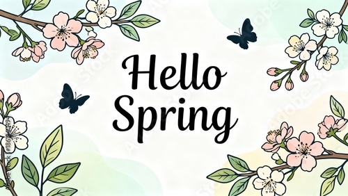 Hello Spring Watercolor Banner Illustration with Cherry Blossom Flowers and Butterflies for Seasonal Greeting
