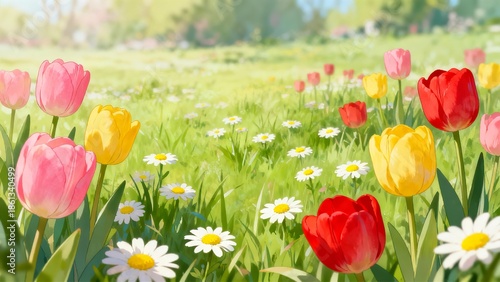 Sunny Springtime Field of Colorful Red Yellow Pink Tulips and White Daisies Fresh Nature Background